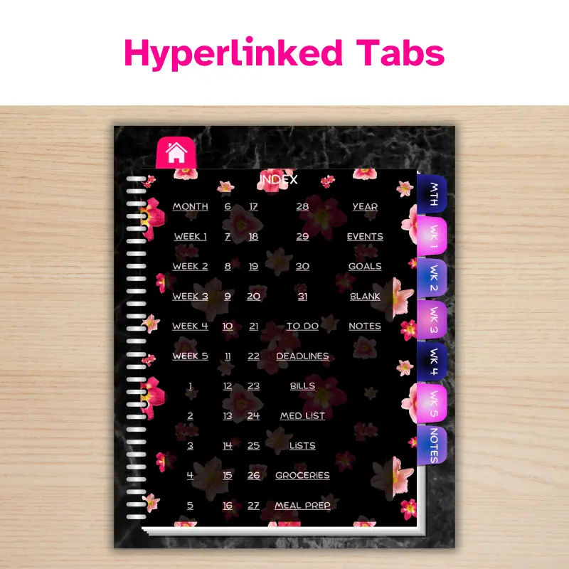Hyperlinked tabs. A digital planner with Hyperlinked tabs displaying the Index page. The planner is black with pink accents.