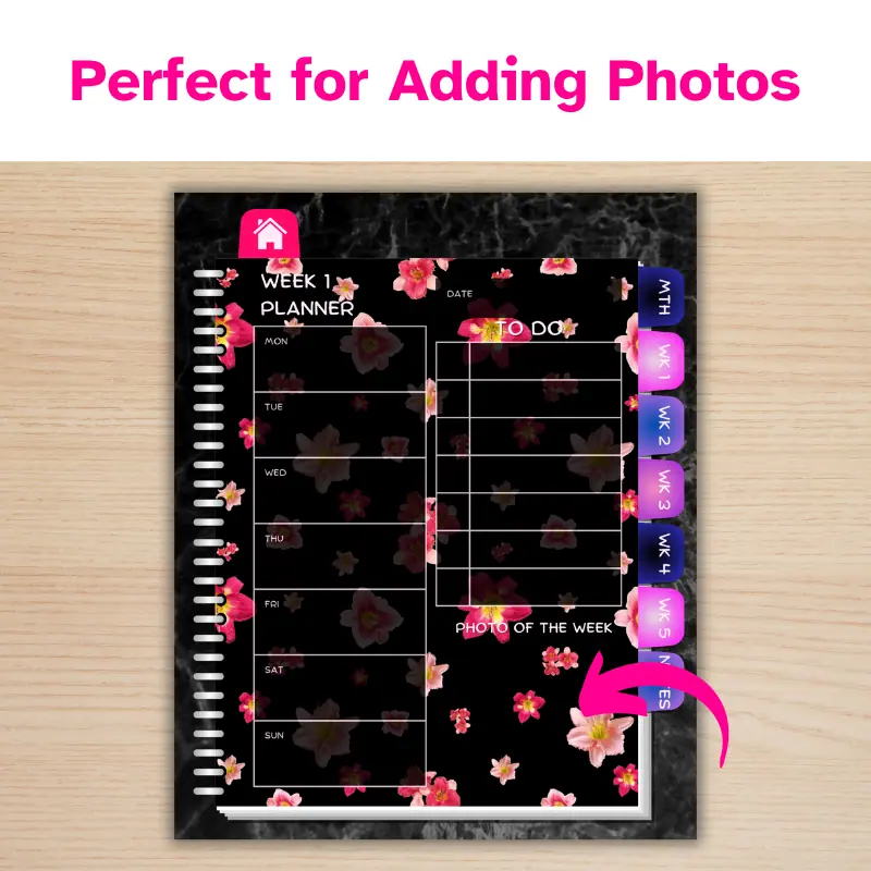 Perfect for adding photos, A digital planner displaying a weekly page with an arrow to the photo of the week section. Dark mode planner.