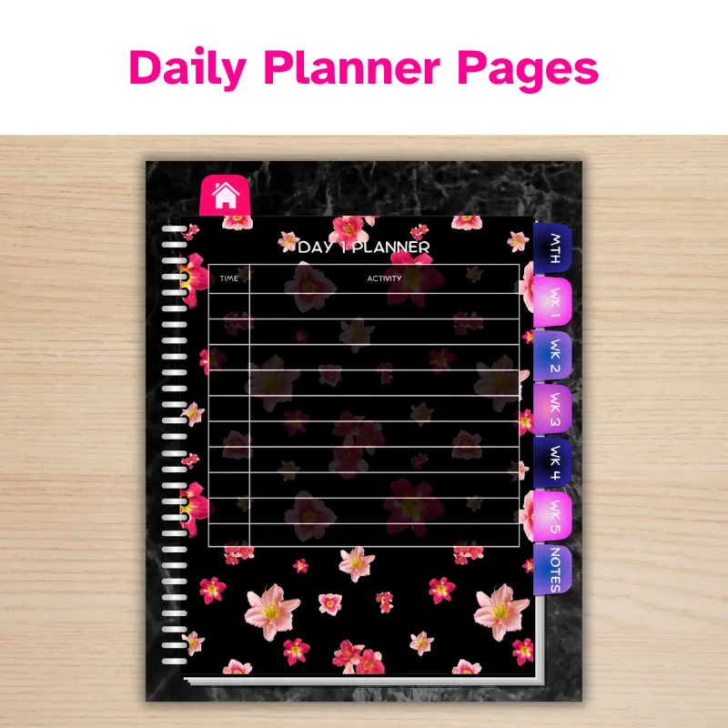A black digital planner with pink florals and hyperlinked tabs displaying the daily planner page