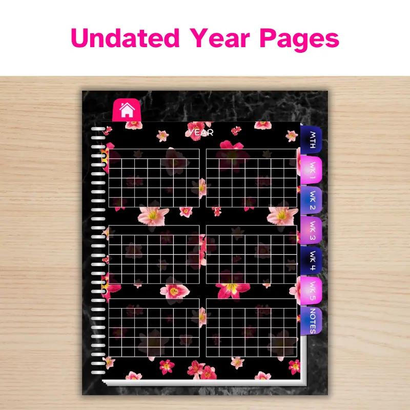 an undated digital planner with a pink lily pattern displaying the year page.
