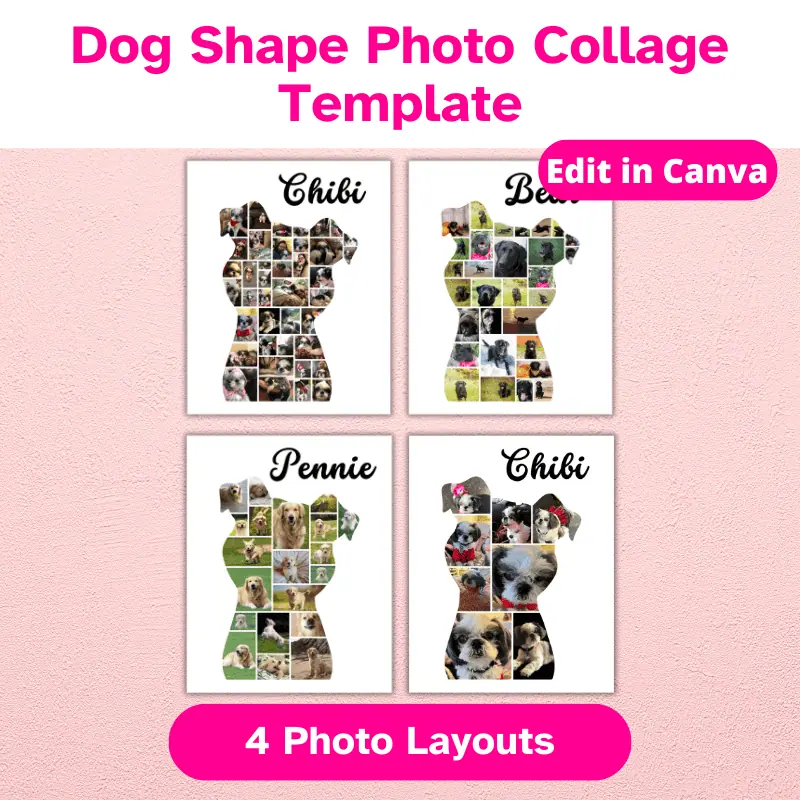 dog shape photo collage template, edit in canva, 4 photo layouts which are shown side by side with dog photos in a collage that is in the shape of a dog. This is a digital product
