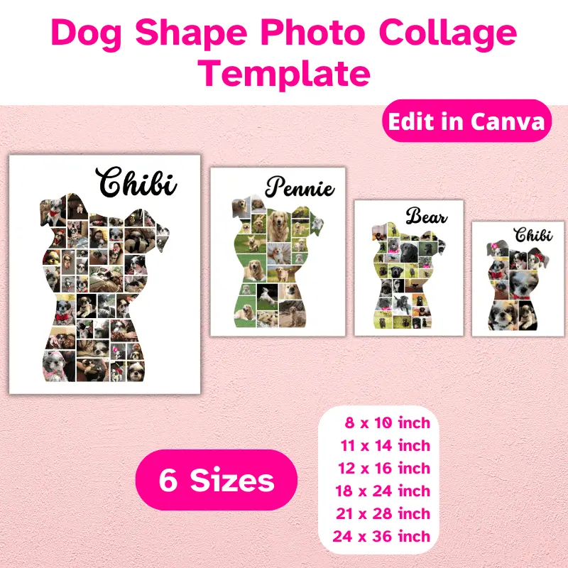 Dog shape photo collage templates, 6 sizes. 4 dog shaped photo collages on a wall shown in 4 different sizes. This is a digital product