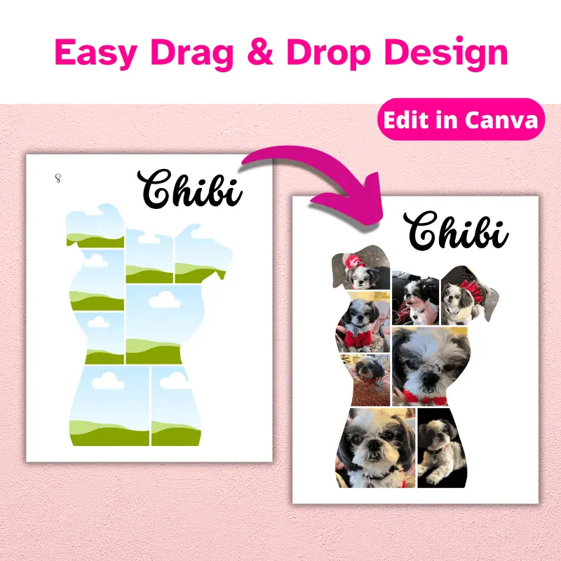 Easy drag and drop design. Edit in Canva. The original template design on the wall with an arrow pointing at a fully customized photo template. This is a digital product.