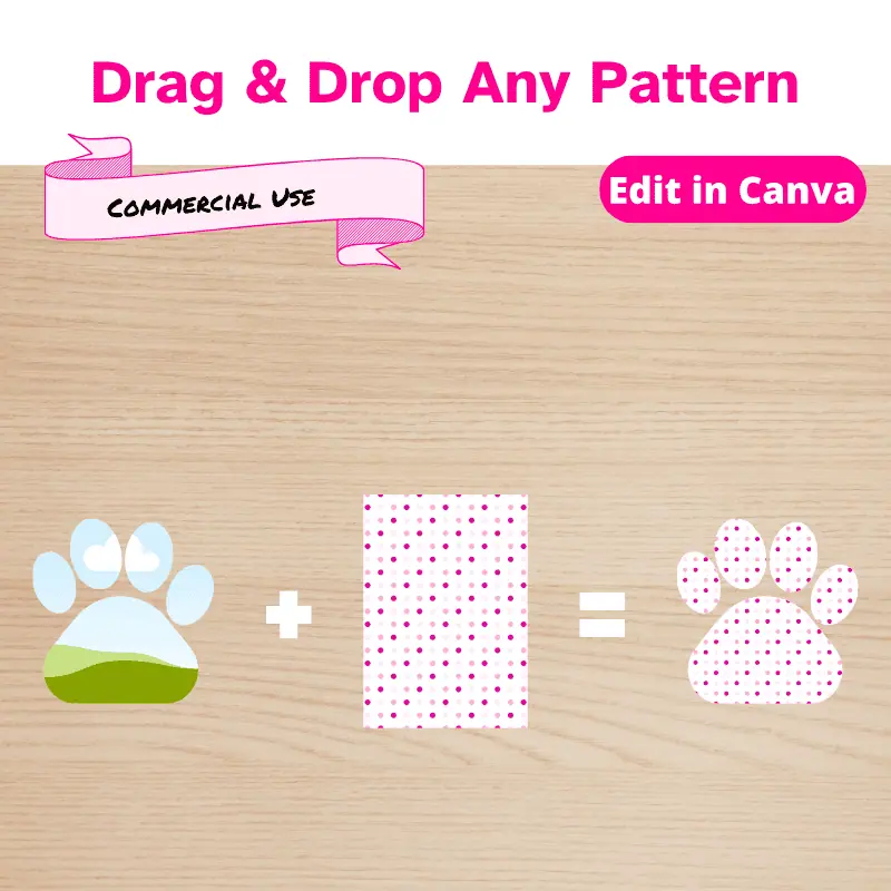 a dog paw canva frame plus a polka dot pattern = a polka dot pattern in the shape of a dog paw. Drag and drop any pattern.
