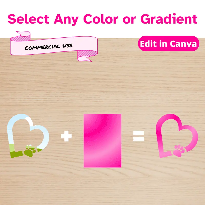 a Canva frame in the shape of a heart with a dog paw inside + a pink gradient = a heart with a dog paw in that same gradient color. Select and Color or gradient.