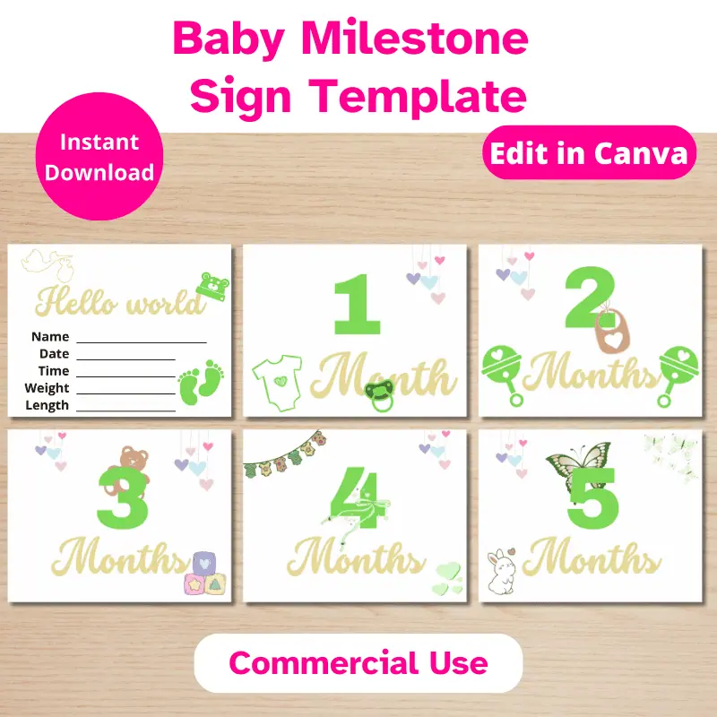 6 Baby Milestone Cards in shades of green and gold featuring several cute baby themed graphics. The cards include one for each month starting from newborn through 5 months.