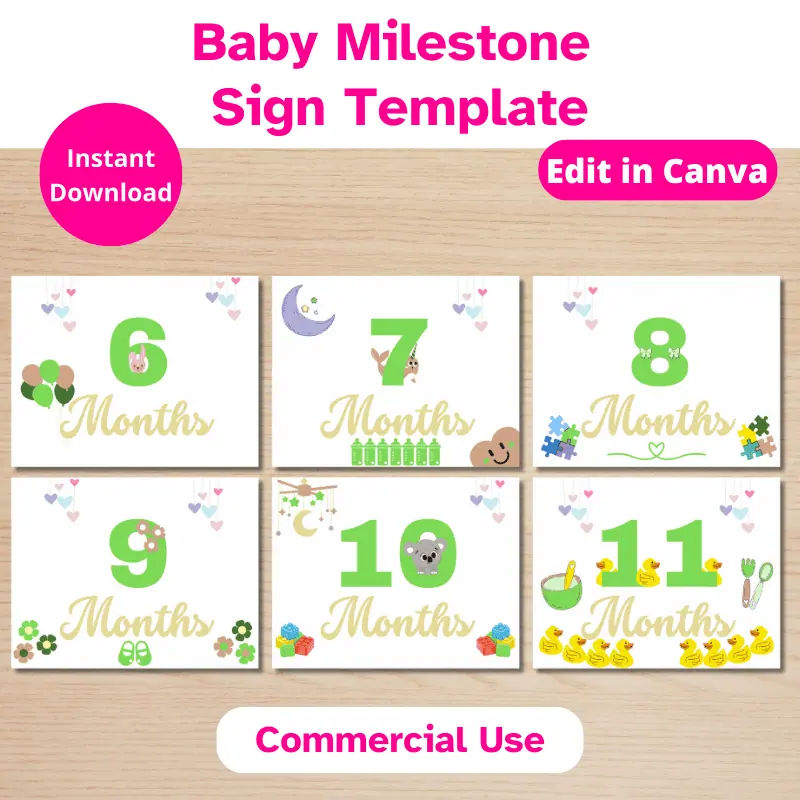 6 Baby Milestone Cards in shades of green and gold featuring several cute baby themed graphics. The cards include one for each month starting from 6 through 11 months.