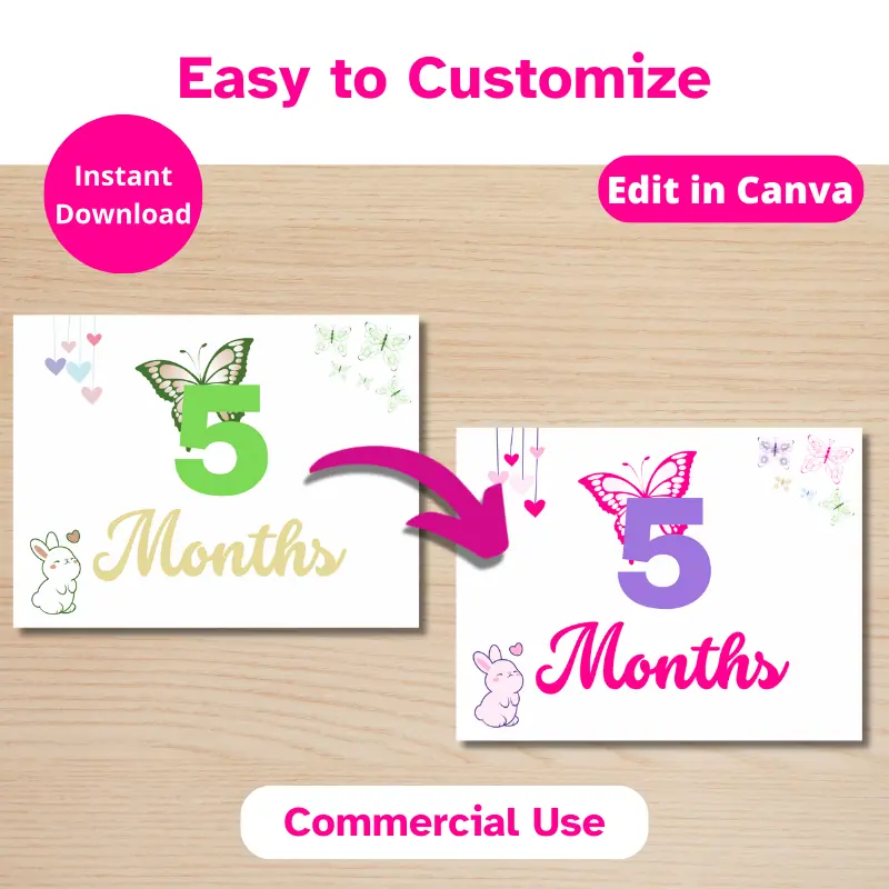 2 milestone signs that say 5 months and features butterflies and a bunny. One card is in the original shades of green and gold with an arrow towards the customized sign which is in complimentary shades of pink and purple.
