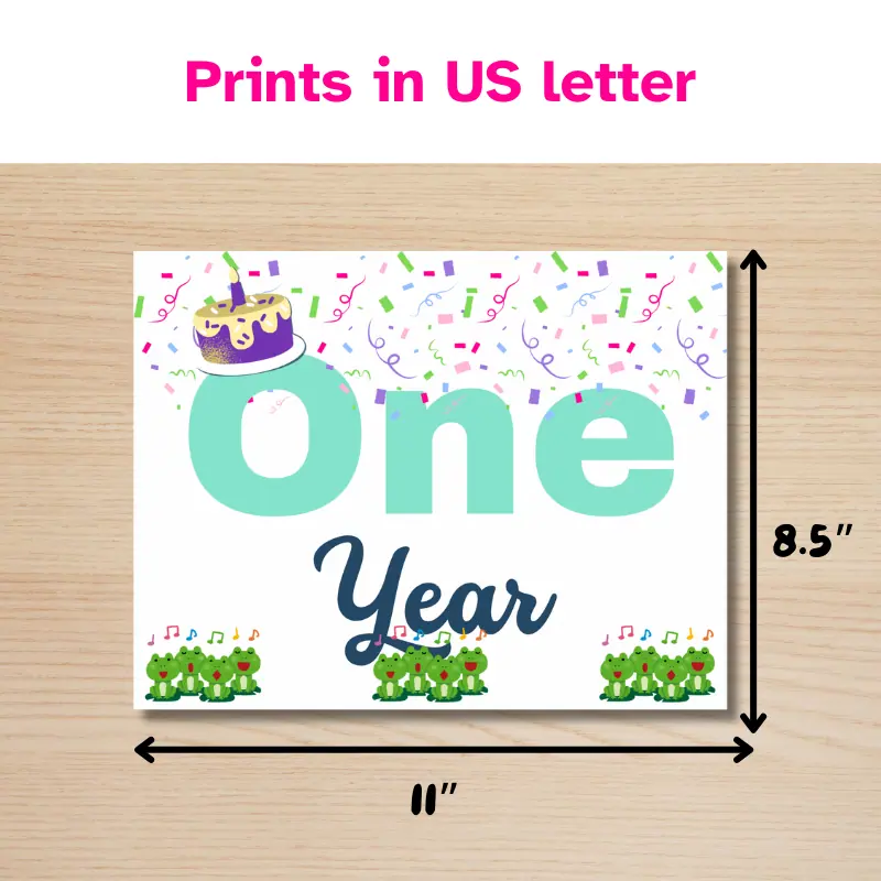 A baby milestone sign that says one year in complimentary shades of teal and features 12 singing frogs, a cake with one candle and confetti with lines beside it indicating it will print in 11 x 8.5 inches.