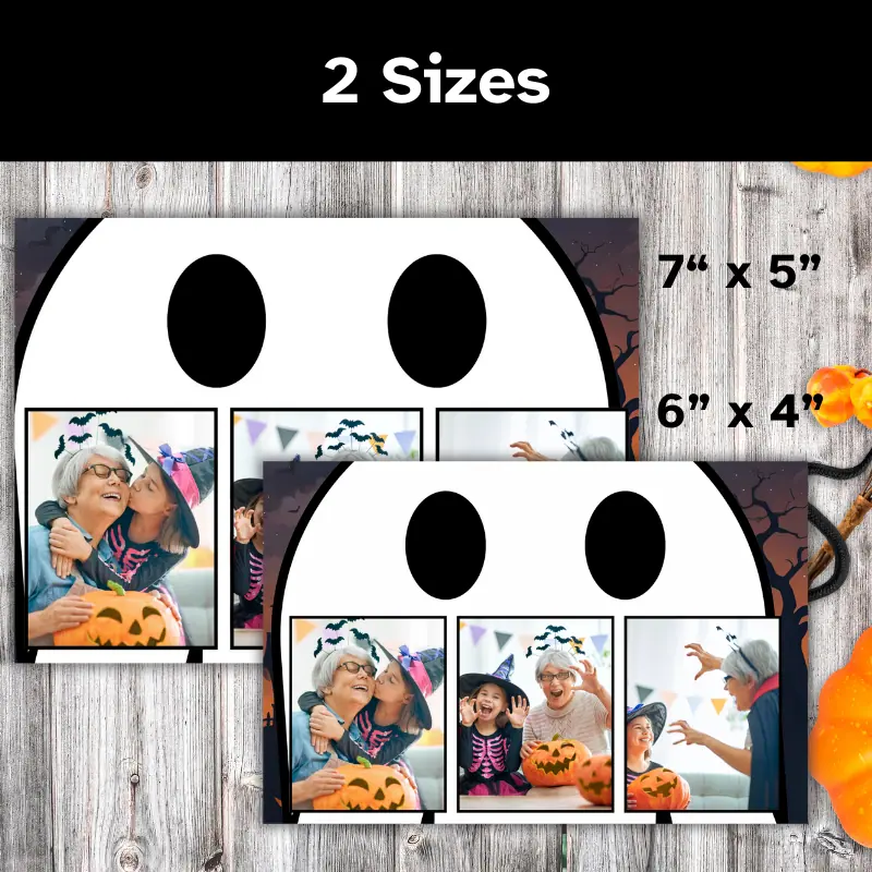2 of the same Halloween ghost photo cards laying on a table in 2 sizes. The cards feature 3 festive photos. They have 3 photos in front of a ghost close up. The sizes are 7 x 5 inches and 6 x 4 inches.