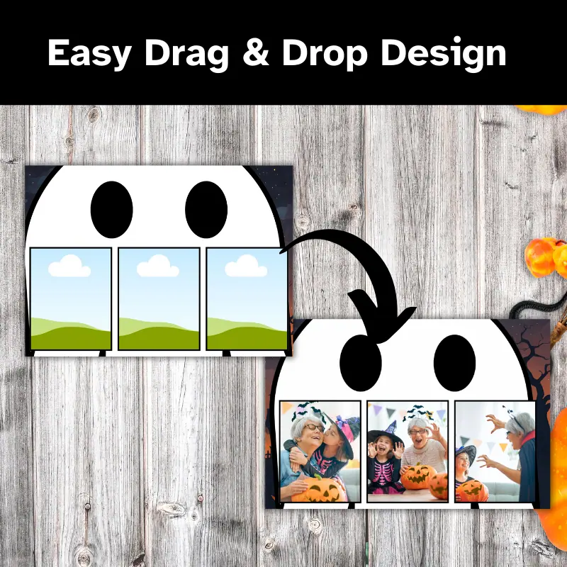 2 Halloween ghost photo cards laying on a table. The cards feature 3 festive photos. One is a template with an arrow to a complete design with photos. It has 3 photos in front of a ghost close up.