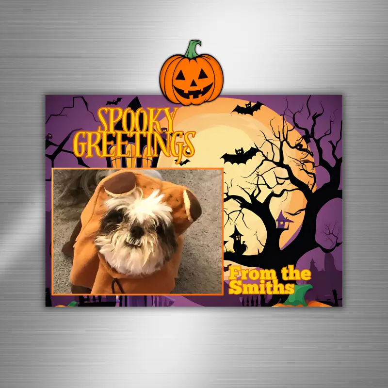 A Halloween Photo Card with a photo of a shitzu in an ewok costume in front of a cartoon spooky background on a fridge. It says Spooky greetings from the Smiths.
