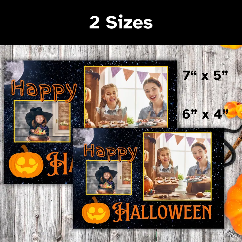 2 of the same Halloween photo card in different sizes. The sizes listed are 7 x 5 inch and 6 x 4 inch. They are both Landscape oriented.