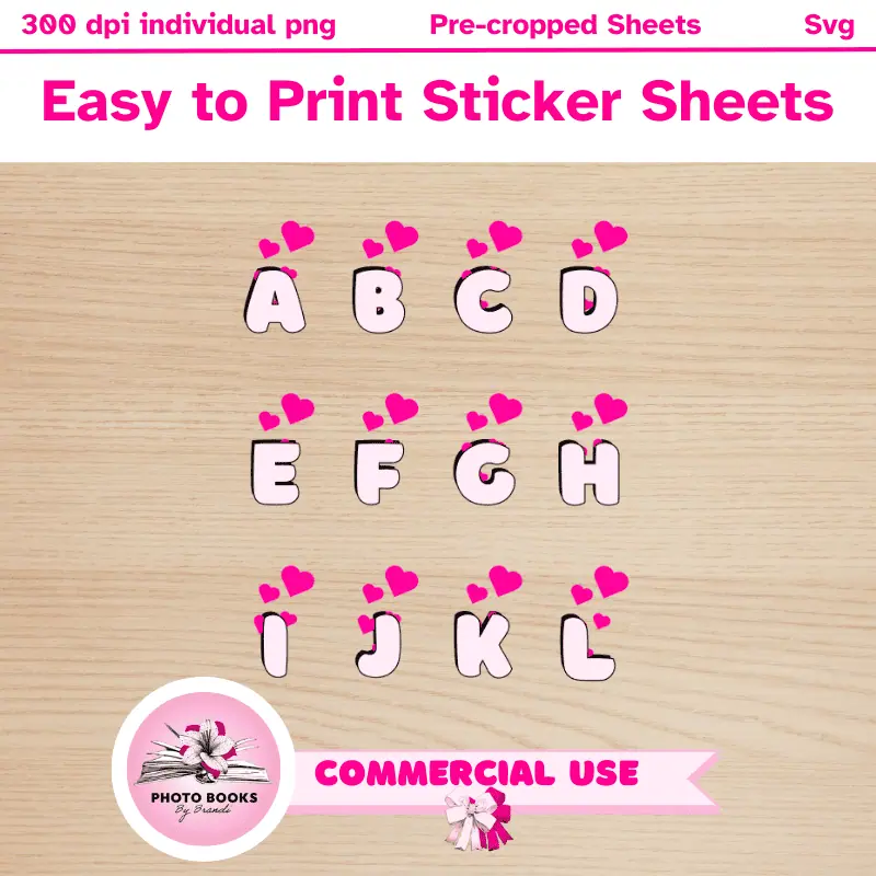 Easy to print sticker sheets. The letters A-L displayed as bubble letter clip art with hearts coming out of the top.