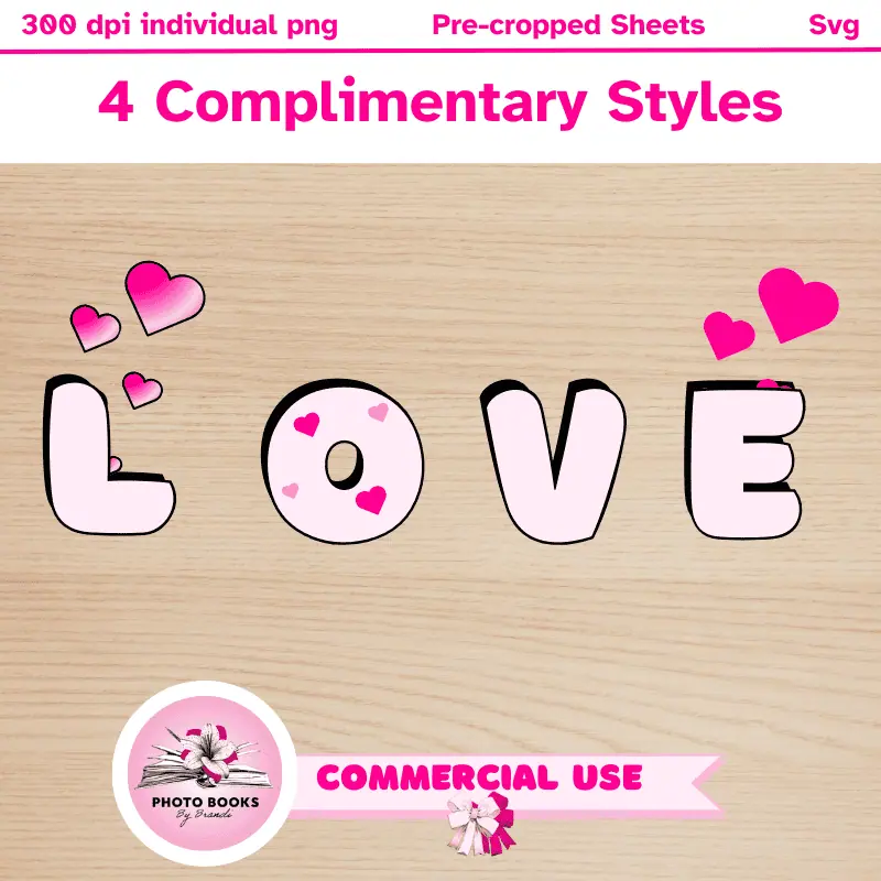 4 complimentary styles of bubble letters writing out the word love. 300 dpi individual png files