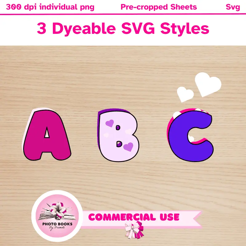 3 dyeable svg styles of bubble letter clip art displayed with a heart theme. Commercial use allowed.