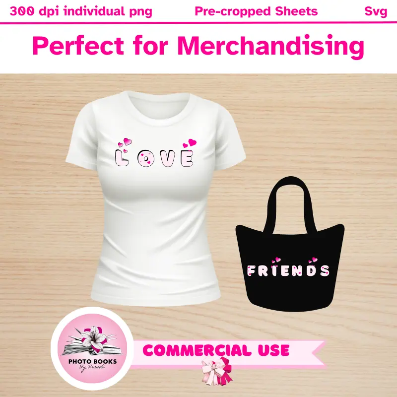 Perfect for merchandise, commercial use allowed. The word Love written on a t-shirt in heart alphabet letters and the word friends written on a black bag in the same alphabet clip art.
