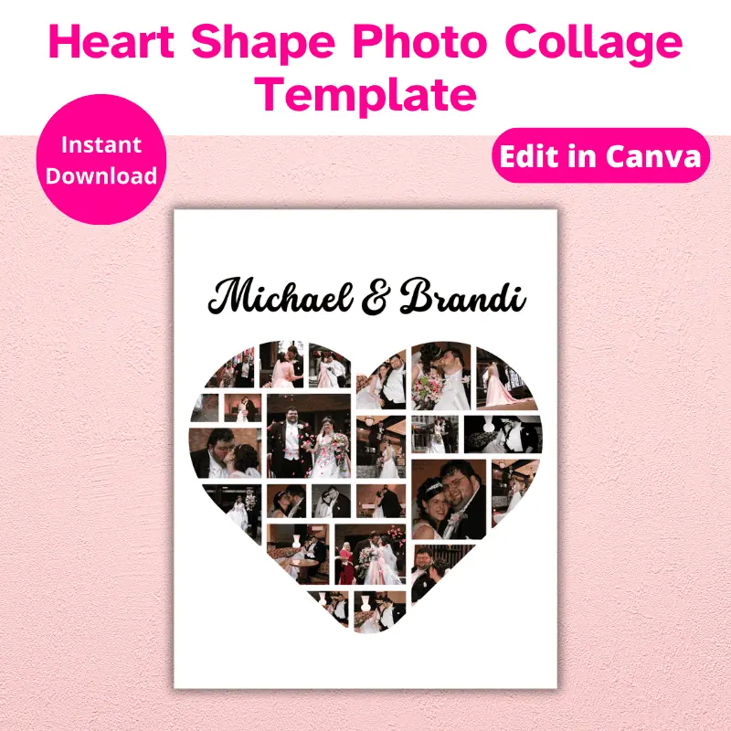 Heart Shape Photo Collage Template, A wedding photo collage in the shape of a heart with the Bride and groom's name at the top hanging on a warm pink wall.