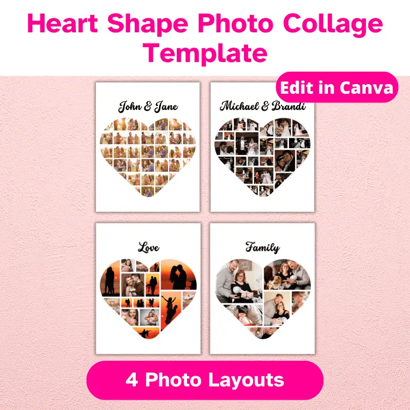 Heart shape photo collage template, edit in canva, 4 collage photo layouts in the shape of a heart which are side by side. This is a digital product. There are 2 collages with engagement photos, one wedding photo collage and a family photo collage.