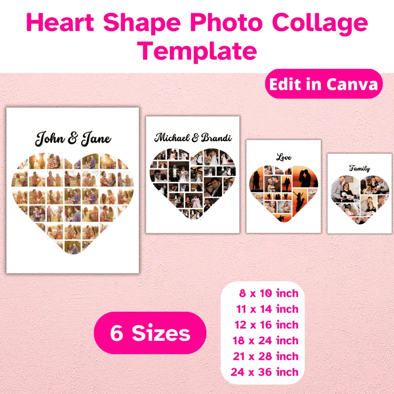 Heart shape photo collage templates, 6 sizes. 4 heart shaped photo collages on a wall shown in 4 different sizes. This is a digital product. There are 2 collages with engagement photos, one wedding photo collage and a family photo collage.