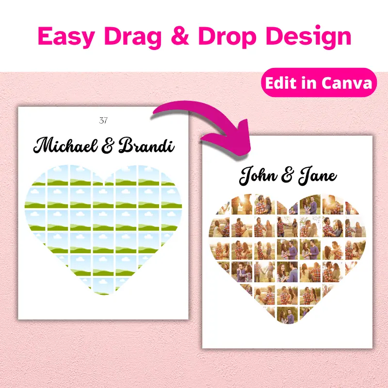 Easy drag and drop design. Edit in Canva. The original template design on the wall with an arrow pointing at a fully customized photo template. This is a digital product.