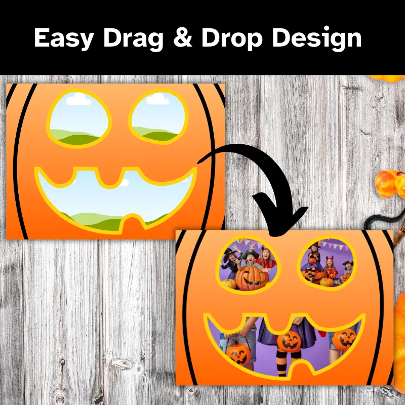 2 of the same Halloween photo cards laying on a table. The cards feature 4 photos of children. 3 photos form the shape of a jack o lantern face