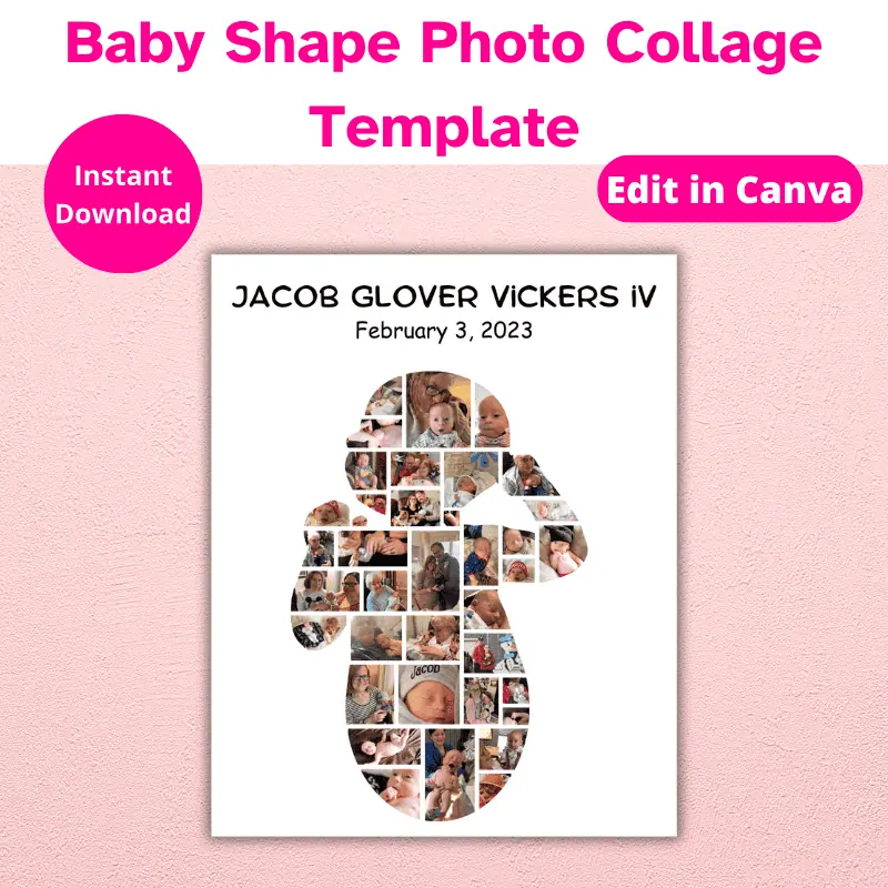A photo collage in the shape of a baby filled with photos of a bay boy and his loving parents hanging on a pink wall. Baby Shape Photo Collage Template, Instant Download.