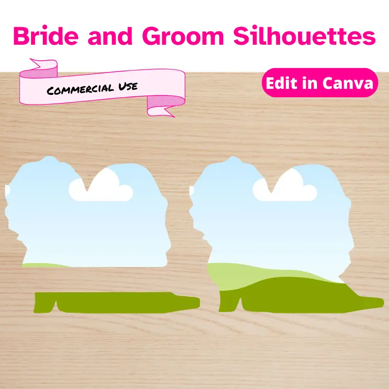 2 different bride and groom silhouette canva frames displayed. One has a cut out in the middle to display text. Commercial Use allowed