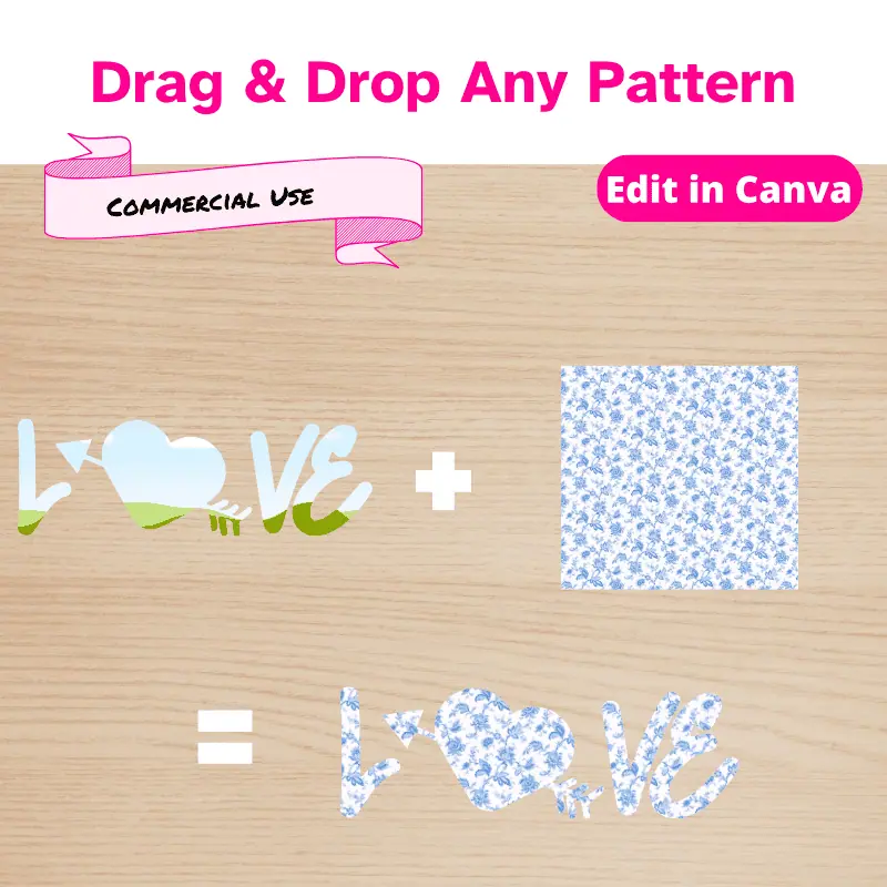 The word love with a heart and arrow replacing the o + a blue pattern = the pattern displayed inside the word love. Drag and drop any pattern