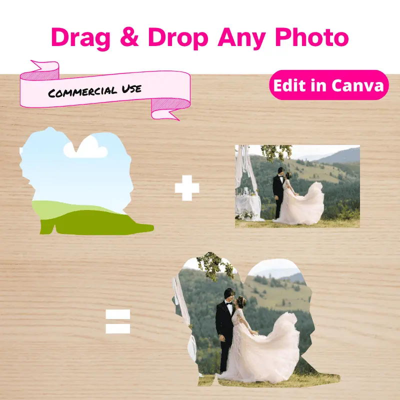 A bride and groom silhouette canva frame + a wedding photo = a wedding photo in the shape of a bride and groom. Commercial use allowed.