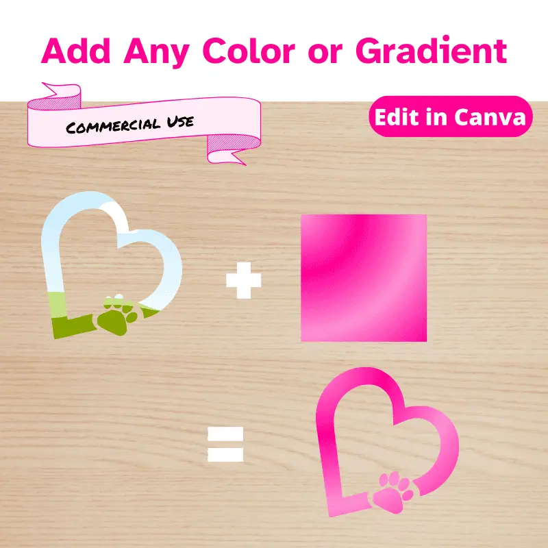 a Canva frame in the shape of a heart with a dog paw inside + a pink gradient = a heart with a dog paw in that same gradient color. Select and Color or gradient.