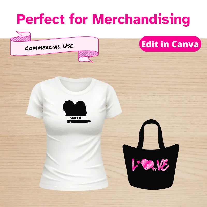 Perfect for Merchandising. A white tshirt with a black bride and groom silhouette personalized with the name smith next to a black bag with the word love in a pink floral pattern across it.