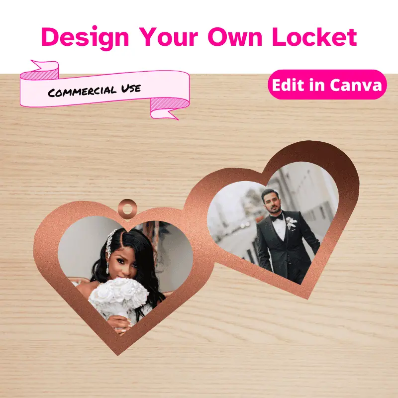 Design your own locket. a bronze locket displaying the photo of a bride in one half and a groom in the other that was created from a canva frame. Commercial use allowed.