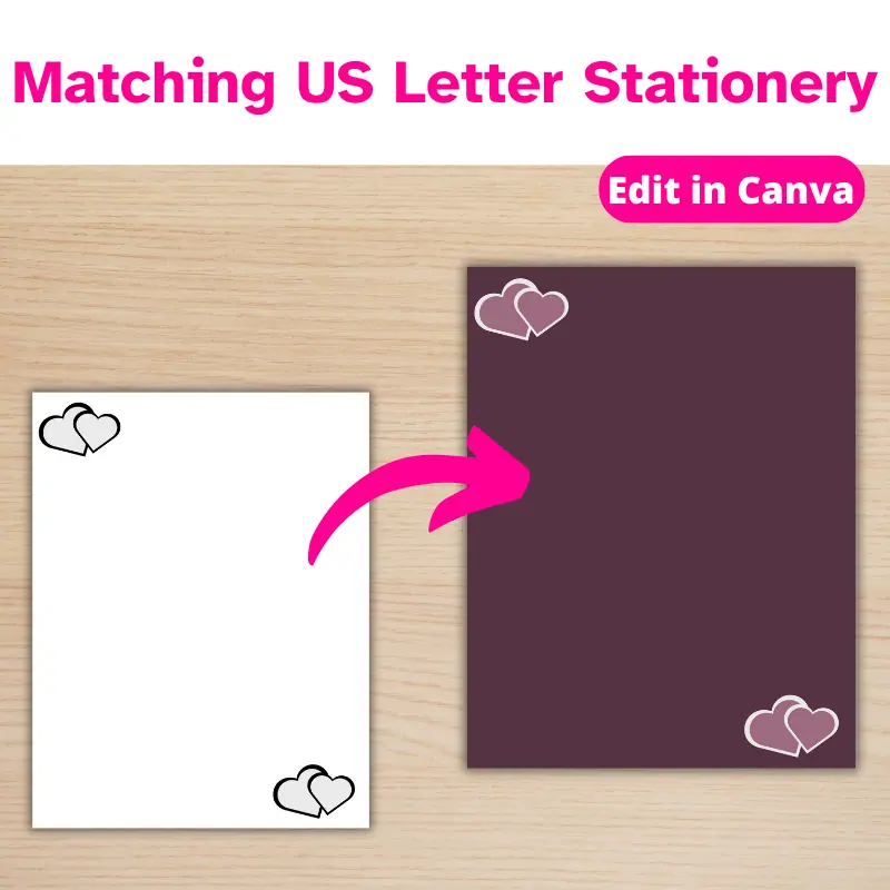 matching US letter stationery. A white stationery with black and silver hearts with an arrow to the same stationery in shades of purple.
