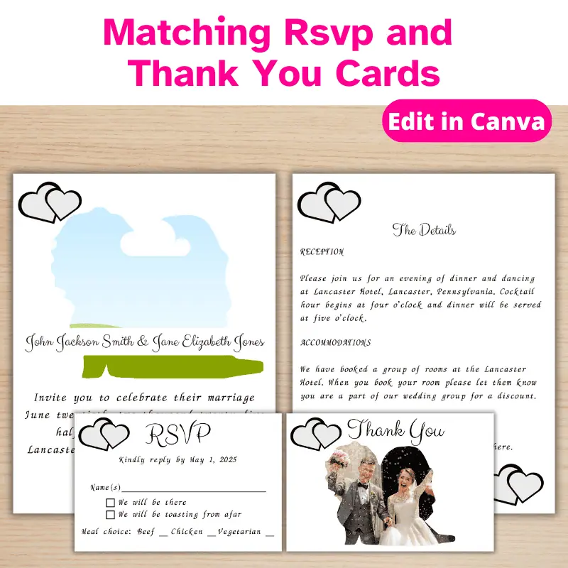 a wedding invitation template with a matching rsvp and thank you card over laying it.