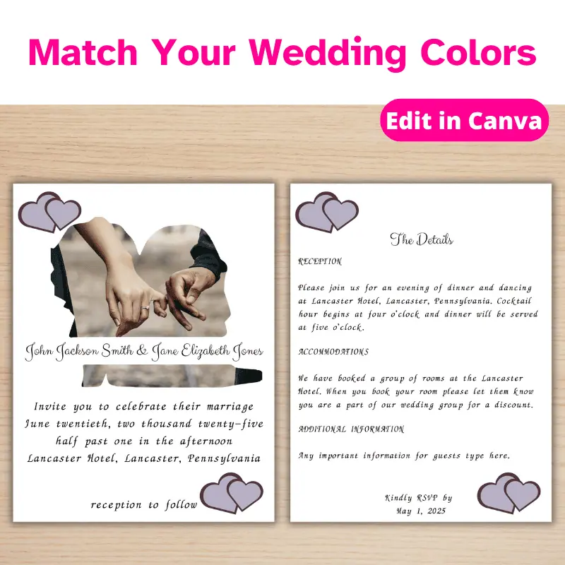 a 2 page wedding invitation with a photo in the shape of a bride and groom silhouette.