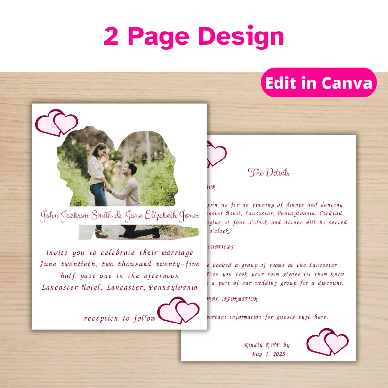 a 2 page wedding invitation with a photo in the shape of a bride and groom silhouette.