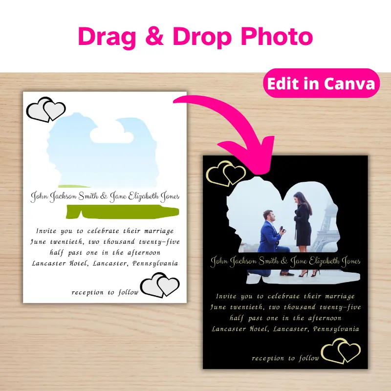 Drag and drop photo. A wedding invitation template with an arrow pointing to the completed invitation design. The invitation has an engagement photo in the shape of a bride and groom silhouette and 2 hearts.