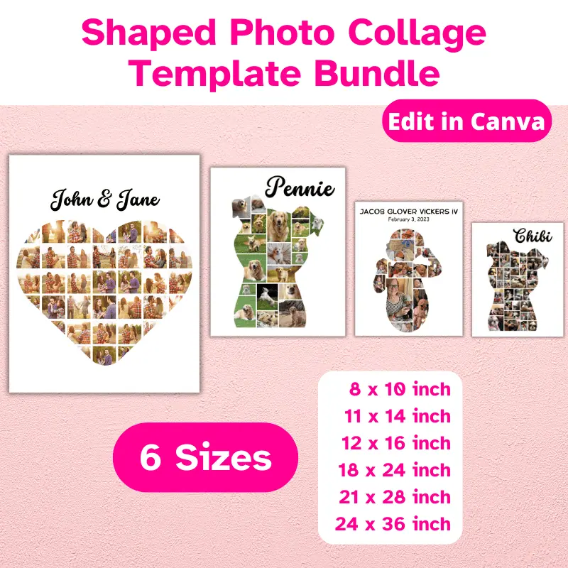 Shape photo collage templates, 6 sizes. 4 shaped photo collages on a wall shown in 4 different sizes. This is a digital product. There are 2 collages in the shape of a dog, one heart shaped, and one baby shaped.