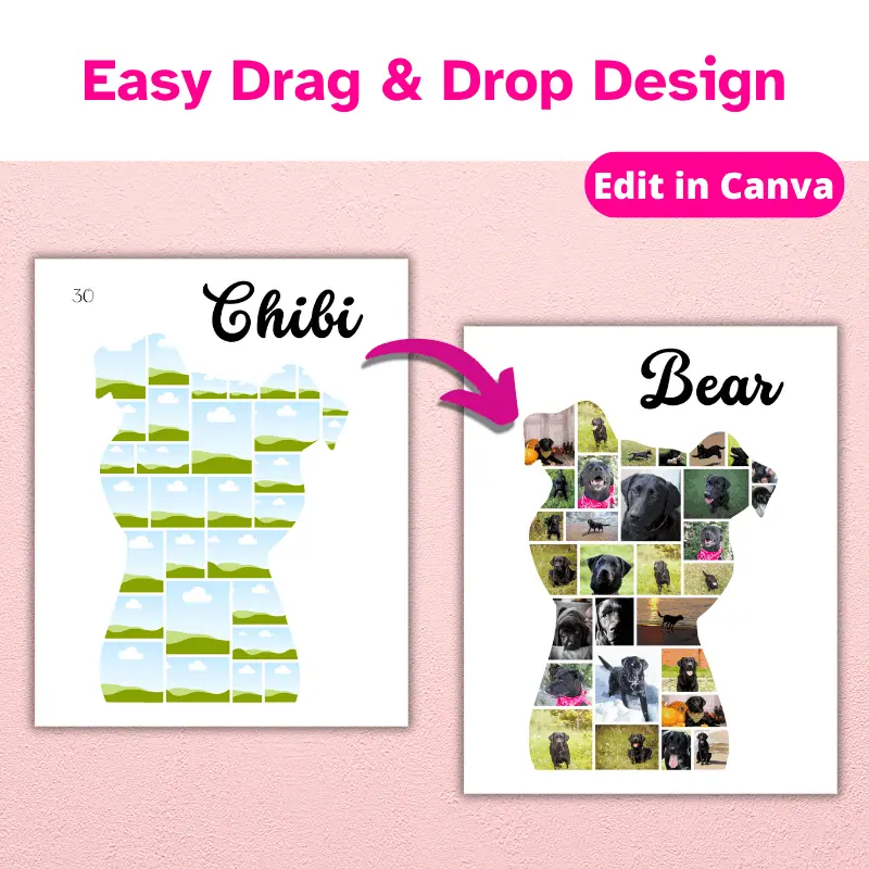 Easy drag and drop design. Edit in Canva. The original template design on the wall with an arrow pointing at a fully customized photo template. This is a digital product.