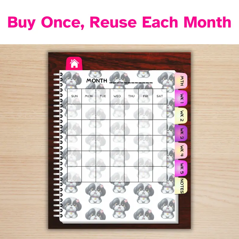 Buy once, reuse each month. An undated digital planner with hyperlinked tabs open to the month page