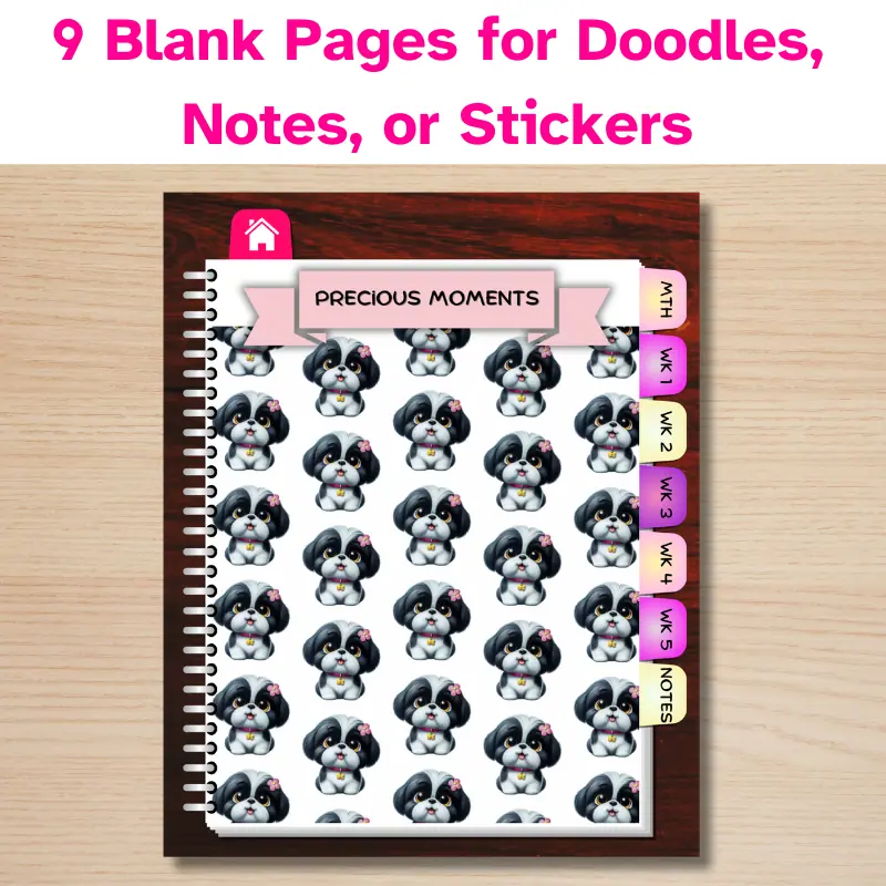9 blank pages for doodles, notes, or stickers with an adorable shih tzu background