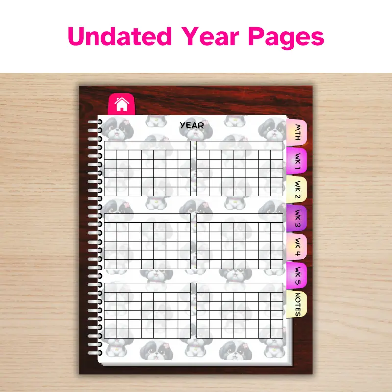 an undated digital planner with a shih tzu pattern displaying the year page.