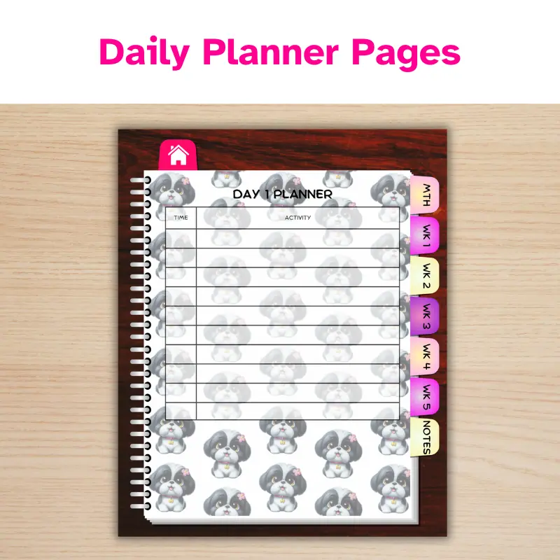 an adorable shih tzu themed digital planner displaying the daily page