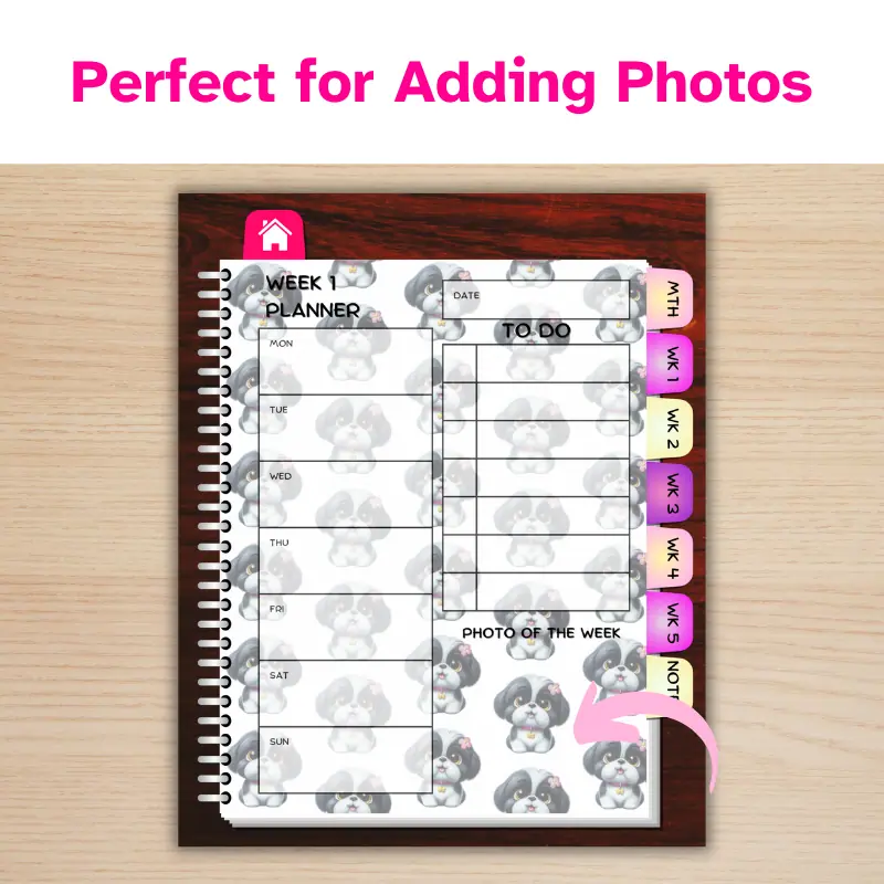 Perfect for adding photos, A digital planner displaying a weekly page with an arrow to the photo of the week section