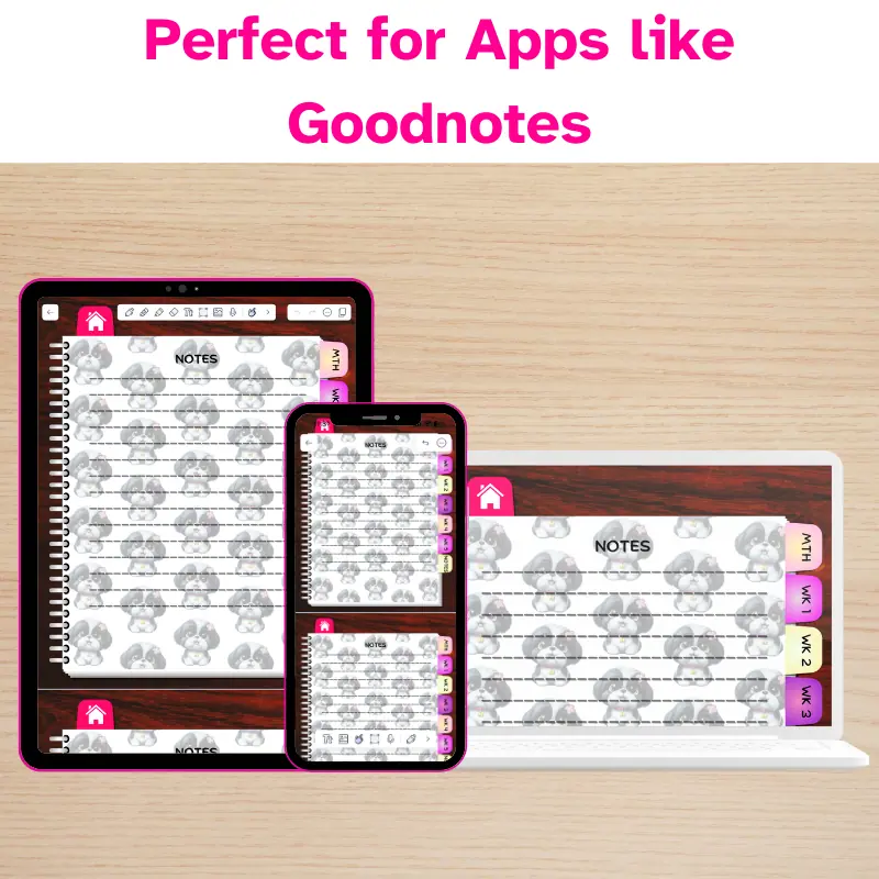 Perfect for apps like goodnotes. A digital planner displaying the notes page on a phone, a tablet, and a laptop.