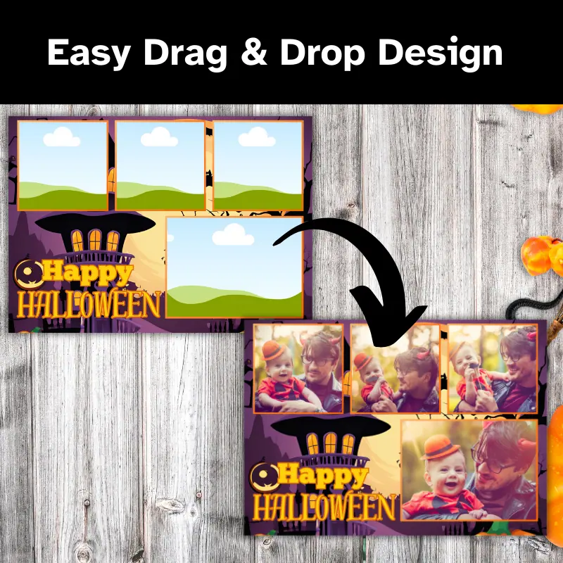 2 Halloween photo cards with an arrow between them. One is the original template the other features 4 photos of a father and son. They both have a cartoon spooky background with the words happy halloween in orange festive fonts.