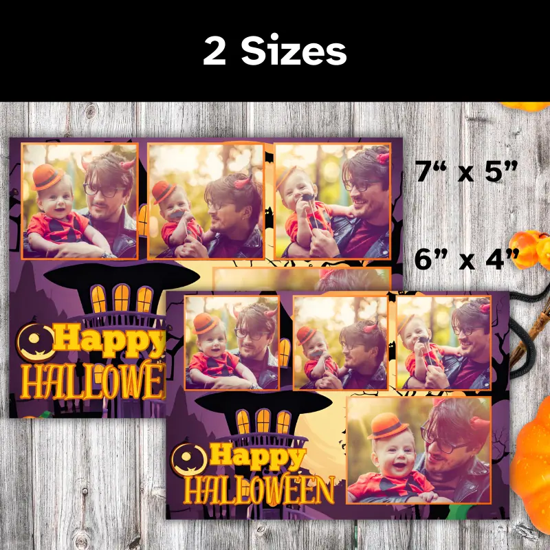 2 of the same Halloween photo card in 2 sizes: 7 x 5 and 6 x 4 inches. They feature 4 photos of a father and son in front of a cartoon spooky background with the words happy Halloween in orange festive fonts.