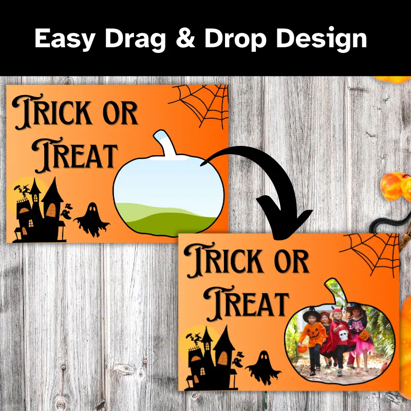 2 Halloween photo cards laying on a table. One is the original template with a placeholder for a photo with an arrow to a completed photo card. The card feature a photo of children in their costumes in the shape if a pumpkin and says Trick or Treat.