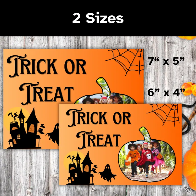 2 of the same Halloween photo card in different sizes. The sizes listed are 7 x 5 inch and 6 x 4 inch. They are both Landscape oriented.